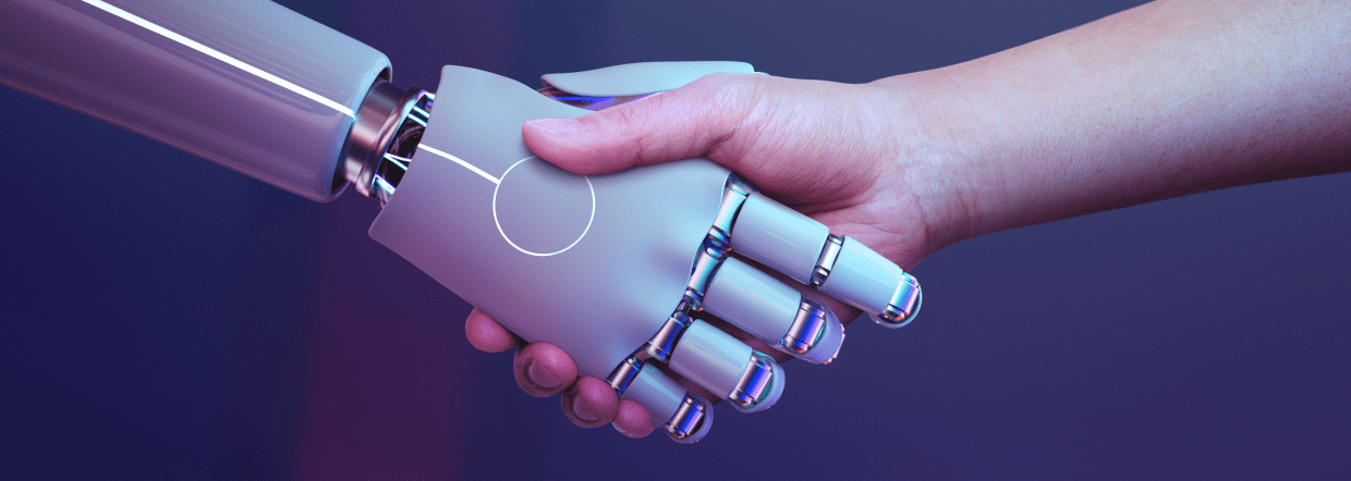 human hand shaking hands with a robotic hand, symbolizing collaboration between humans and artificial intelligence to avoid mistakes